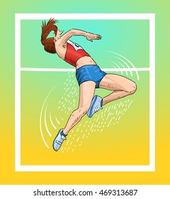 Vector illustration of a female athlete doing high jump. Beautiful sport themed poster. Summer sports. athletic sports.