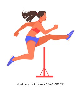 Vector illustration of female athlete hurdling. Running competition. Young professional sportswoman training. Isolated illustration of runner, idea of healthy lifestyle