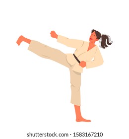 Vector illustration of female athlete in kimono practice karate. Young woman training taekwondo attack and defense position, fight technique. Healthy lifestyle. Isolated illustration