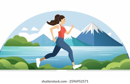 Vector illustration of a female athlete running a marathon against a nature background with mountains
