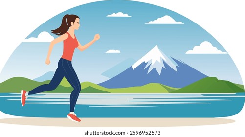 Vector illustration of a female athlete running a marathon against a nature background with mountains