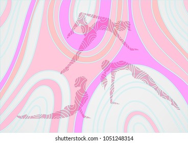 Vector illustration of female athletics athletes beautiful young athletic three gymnasts with abstract patterns on the body silhouette in yoga poses against the background wave pattern decorative 