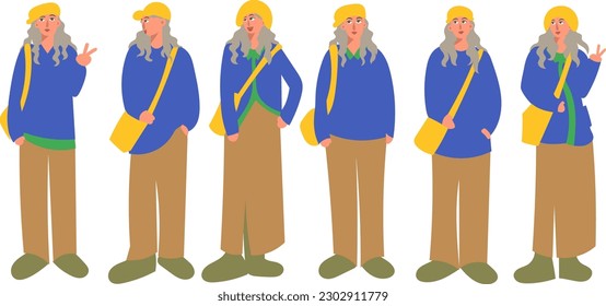 Vector illustration of a female backpacker in different poses and attitudes.