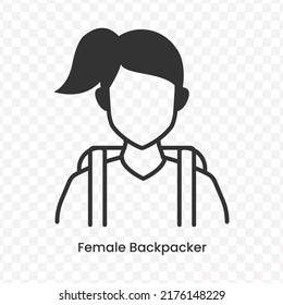 Vector Illustration Of Female Backpacker Icon In Dark Color And Transparent Background(png).