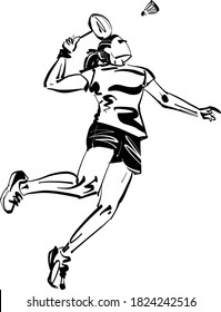 the vector illustration of the female badminton player with  shuttlecock