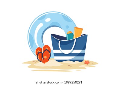 Vector illustration of female bag with sunscreen lotion, red flip flops and swimming circle on sand. Beach accessories isolated on white background. Summer time concept