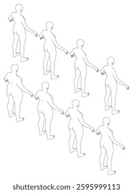 Vector illustration of female body sequence outline from thin to fat. The figures are all standing upright, with their arms outstretched, and they are all of varying sizes and shapes. Isometric view