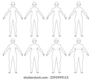 Vector illustration of female body sequence outline from thin to fat. The figures are all standing upright, with their arms outstretched, and they are all of varying sizes and shapes. Front view