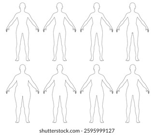 Vector illustration of female body sequence outline from thin to fat. The figures are all standing upright, with their arms outstretched, and they are all of varying sizes and shapes. Back view
