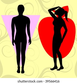 Vector Illustration Of Female Body Shape Apple Also Known As Cone. Shape With Wider Upper Body And Narrow Hips.