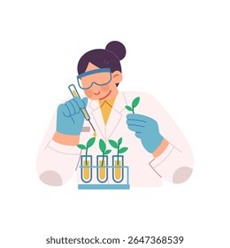 Ilustração vetorial de botânica feminina trabalhando em laboratório, conduzindo experimentos em jovens mudas de plantas. Cientista mulher de jaleco fazendo pesquisa agrícola sustentável, biologia vegetal