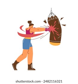 Vector illustration of a female boxer who trains a punch in gloves with a punching bag. It is great for designing sports themes and design of training sessions.