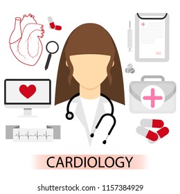 Vector illustration  of female cardiology doctor in flat style. Medical kit first aid emergency case, stethoscope, medical card , pills and tablets, cardiogram. 