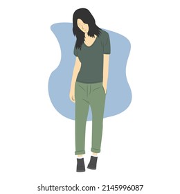 Vector illustration of female cartoon character standing and lowering her head