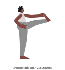 Vector illustration with Female character. African american woman learns stretching posture and does extended hand to big toe pose at yoga class. Balancing exercise - Utthita Hasta Padangustas