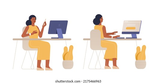 Vector illustration of a female character. Black woman works at the computer in the office. Front and back view. Flat design, isolated on white background. 