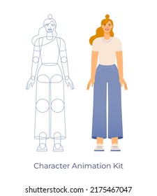 Vector illustration of a female character. Body parts for animation. A blond woman in casual outfit standing, front view. Flat design, isolated on white background. 