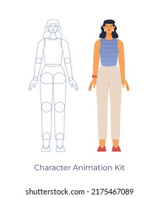 Vector illustration of a female character. Body parts for animation. A beautiful woman in casual outfit standing, front view. Flat design, isolated on white background. 