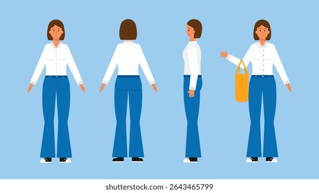 Vector illustration of a female character in casual clothes shown from front, back, side, and holding a bag. Flat cartoon style for animation, character rigging, and explainer use.