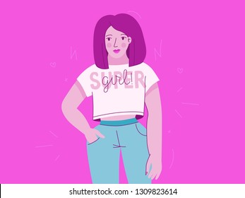 Vector illustration with female character and hand lettering phrase super girl - feminist movement  - concept for prints, cards - international women's day