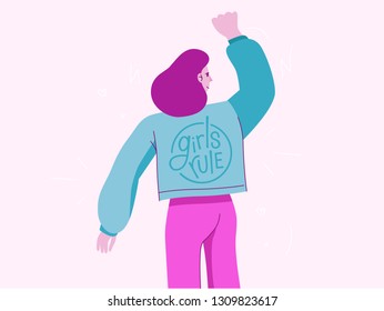 Vector illustration with female character and hand lettering phrase girls rule - feminist movement  - concept for prints, cards - international women's day