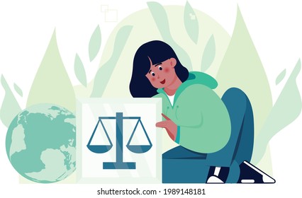 Vector illustration of a female character holding a frame with a scales on it, for international justice day.