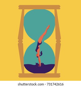 a vector illustration of a female character jumping into water; a jump of a sporty woman inside of an hourglass; as a symbol of time management; a concept of timing