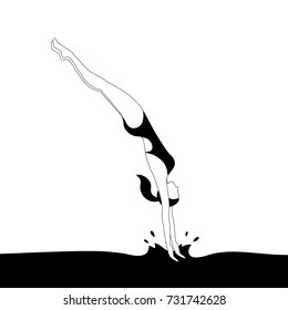 a vector illustration of a female character jumping into water; a jump of a sporty woman into swimming pool; black and white