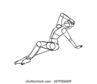 Ilustración vectorial de la Pose del carácter femenino. Rústico boceto de la figura abstracta que representa a una persona. Líneas negras sobre un fondo blanco. Un bosquejo aproximado de un cuerpo femenino. Rough Sketch Practice. vector eps10.
