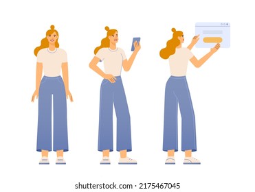 Vector Illustration Of A Female Character. Poses Front, Side, Back. A Woman In A Casual Outfit Is Standing. Flat Design, Isolated On White Background. 