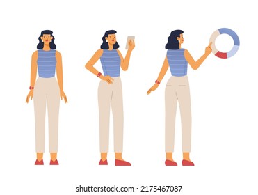 Vector illustration of a female character. Poses front, side, back. A woman in a casual outfit is standing. Flat design, isolated on white background. 