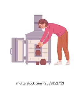 Vector illustration of a female character putting a clay pot into a kiln. The process of making ceramics. Pottery workshop. Flat cartoon style isolated on white background.