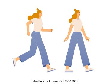 Vector illustration of a female character. Side running and walking poses for animation. A woman walks and runs. Flat design, isolated on white background. 