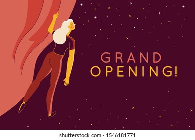 Vector illustration with female character in simple flat style - woman opening red curtain - presentation announcement banner design template with copy space for text