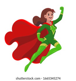 Vector Illustration, Female Character Superhero In A Suit. Woman Superhero In A Heroic Pose