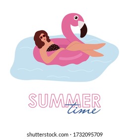 Vector illustration of a female character in a swimsuit and an inflatable lifebuoy in the form of a pink flamingo and the text "summer time". A poster with a drawing of a girl swims.