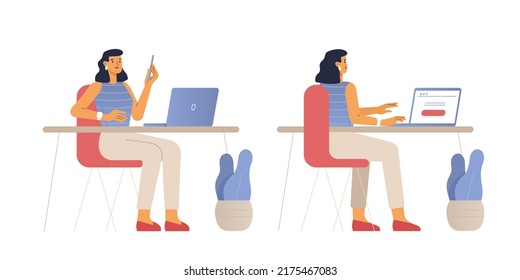 Vector illustration of a female character. A woman works at the laptop in the office. Front and back view. Flat design, isolated on white background. 