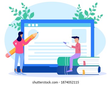 Vector illustration of female character writing on laptop. Concept of blogging, education, creative writing, content management for web pages, banners, presentations, social media.