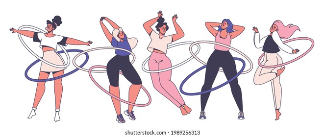 Vector illustration with female characters doing fitness. Girls exercise with waist hoops, hula hoops. Flat cartoon style with outlines. Healthy lifestyle concept, fun morning exercise for girls.