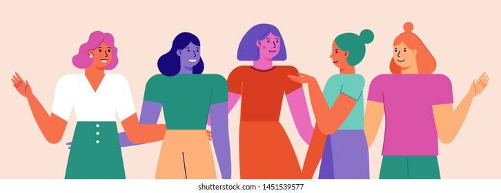 Vector illustration with female characters  - feminist movement and girl power concept  - stronger together happy diverse women - international women's day