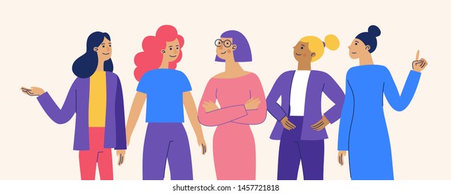 Vector illustration with female characters  - feminist movement and girl power concept  - stronger together happy diverse women - international women's day