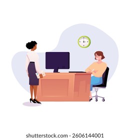 Vector illustration of female characters at the table with computer and near the table with letter in hands. Office work or post office concept. Flat cartoon style. Isolated background.