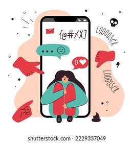 Vector illustration with female chatting and has got dislike, hurtful words from a phone. Lettering LOSER. STOP cyberbullying and network abuse, internet problem and discrimination. 