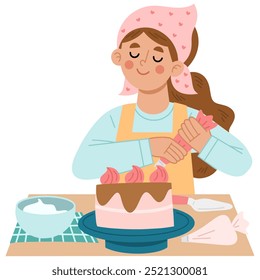 Vector illustration of female chef cooking cake