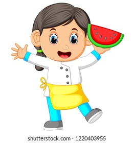 vector illustration of a female chef holding watermelon