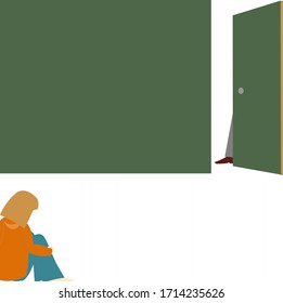 Vector illustration of a female child sitting on corner of a room and leg of a man behind open door on another corner concept of children violence and abuse especially during coronavirus lockdown 