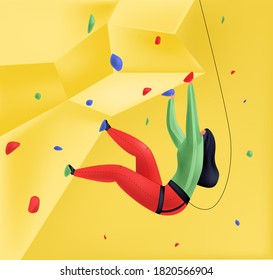 Vector Illustration Of Female Climber Climbing Wall With Safety Net. Mix Of 3D And Flat Styles. Concept Healthy Lifestyle, Active Recreation, Sports. It Can Be Used In Web Design, Banners, Etc.