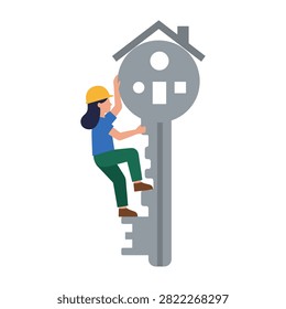 Vector illustration of a female construction worker climbing a giant key shaped like a house to represent real estate and home ownership