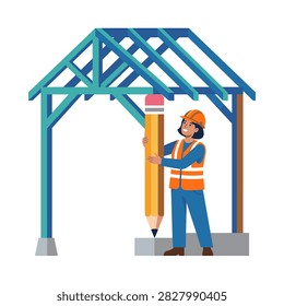 Vector illustration of a female construction worker in a hard hat and safety vest holding a giant pencil under a blue house roof frame.