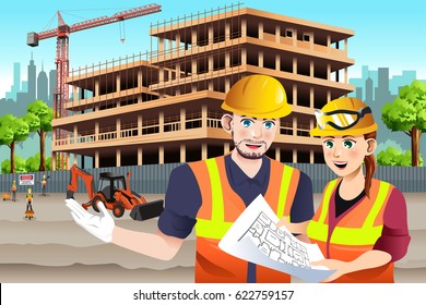 A vector illustration of  Female Construction Worker Working with a coworker